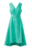 Sleeveless V-Neck Belted Poplin Midi Dress